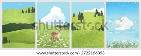 Abstract Green Summer landscape background vector set. Nature wallpaper of green field on mountain, yellow flowers, blue sky , birds, river. Watercolor illustration for cover, wall art, decoration.