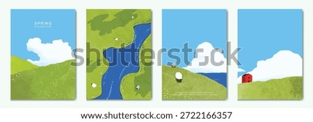 Abstract Green Summer landscape background vector set. Nature wallpaper of green field on mountain, yellow flowers, blue sky , birds, river. Watercolor illustration for cover, wall art, decoration.