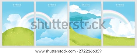 Abstract Green Summer landscape background vector set. Nature wallpaper of green field on mountain, yellow flowers, blue sky , birds, river. Watercolor illustration for cover, wall art, decoration.
