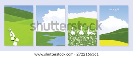 Abstract Green Summer landscape background vector set. Nature wallpaper of green field on mountain, yellow flowers, blue sky , birds, river. Watercolor illustration for cover, wall art, decoration.