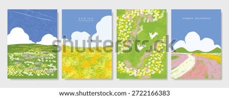Abstract Green Summer landscape background vector set. Nature wallpaper of green field on mountain, yellow flowers, blue sky , birds, river. Watercolor illustration for cover, wall art, decoration.