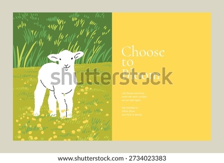 Abstract Green Summer landscape background vector set. Nature wallpaper of white flowers and sheep. Watercolor illustration for cover, wall art, decoration.
