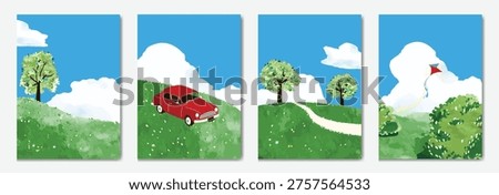 Abstract Green Summer landscape background vector set. Nature wallpaper of green field on mountain, yellow flowers, blue sky , birds, river. Watercolor illustration for cover, wall art, decoration.