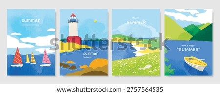 Abstract Green Summer landscape background vector set. Nature wallpaper of green field on mountain, yellow flowers, blue sky , birds, river. Watercolor illustration for cover, wall art, decoration.