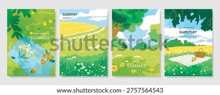 Abstract Green Summer landscape background vector set. Nature wallpaper of green field on mountain, yellow flowers, blue sky , birds, river. Watercolor illustration for cover, wall art, decoration.