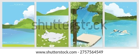 Abstract Green Summer landscape background vector set. Nature wallpaper of green field on mountain, yellow flowers, blue sky , birds, river. Watercolor illustration for cover, wall art, decoration.