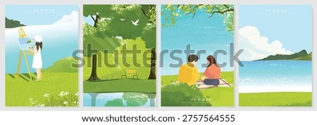 Abstract Green Summer landscape background vector set. Nature wallpaper of green field on mountain, yellow flowers, blue sky , birds, river. Watercolor illustration for cover, wall art, decoration.
