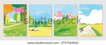 Abstract Green Summer landscape background vector set. Nature wallpaper of green field on mountain, yellow flowers, blue sky , birds, river. Watercolor illustration for cover, wall art, decoration.