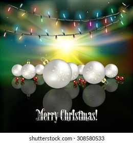 Abstract green sunrise background with Christmas lights and white decorations