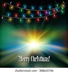 Abstract green sunrise background with Christmas lights and stars