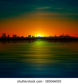 abstract green sunset background with silhouette of Tallinn