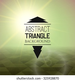 Abstract green sunset with triangle field, perspetive pattern in sunny fog, geometrical vibrant multicolored vector background illustration