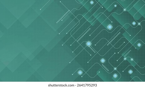 Abstract green tech background featuring glowing circuit lines and digital geometric shapes ideal for presentations websites and futuristic digital interfaces