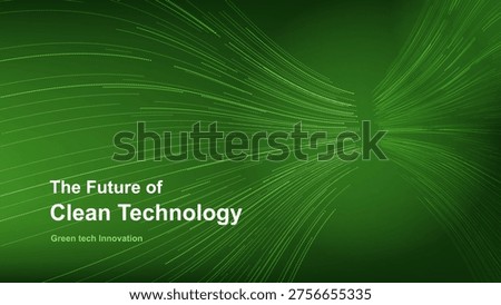 Abstract green technology background with flowing dotted lines forming dynamic wave patterns, clean energy, digital innovation, sustainability, eco systems and futuristic on gradient green backdrop