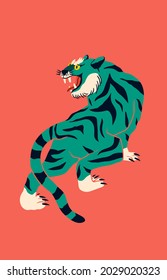 Abstract green Tiger. Tiger walk. Japanese or Chinese oriental style. Hand drawn colored isolated Vector illustration. Print, logo, poster template, tattoo idea. Symbol of 2022 new year