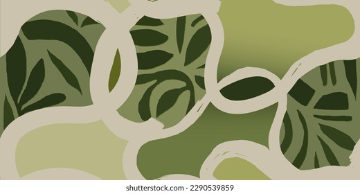 Abstract green tones botanical artistic pattern. Collage contemporary print. Fashionable template for design. Modern ethnic style.