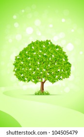 Abstract Green Tree Background with Flowers and Path