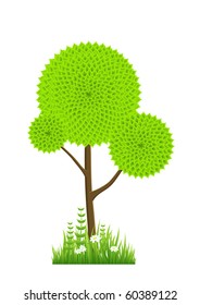 Abstract green tree. Clorful vector illustration with flowers.