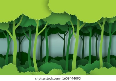 Abstract green tree in the forest in vector illustration paper art style. 