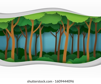 Abstract green tree in the forest in vector illustration paper art style. 