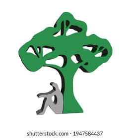 Árbol verde abstracto con un hombre sentado cerca de él. 3 D. Ilustración del vector