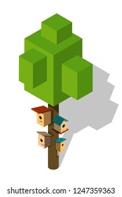 Abstract green tree with many birdhouses on the trunk on a white background. Vector stock illustration of spring nature and symbol of spring and renewal.