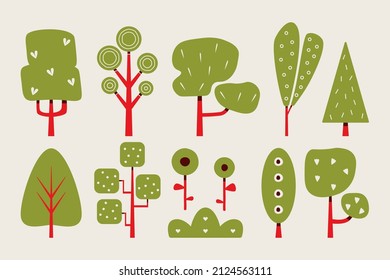 Abstract green trees. Hand drawn cartoon tree set, doodle branches. Trendy vector illustration