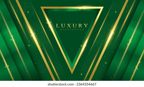 Abstract green triangle background with golden elements and glittering light effect, modern luxury.