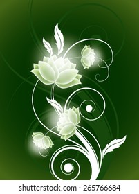 Abstract Green Vector Background With Curly Branches and Shiny Flowers.