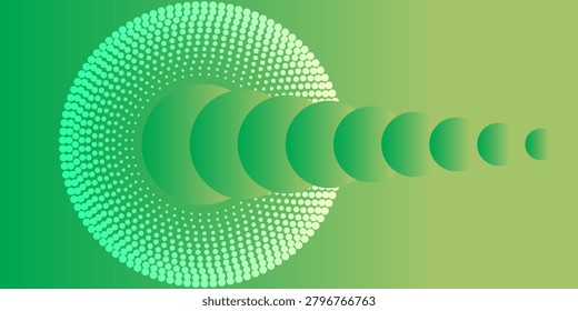 Abstract green vector background featuring geometric circles, halftones, and a linear perspective trail effect.
