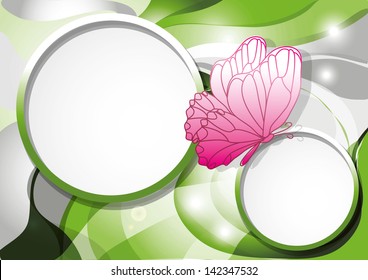 abstract green vector background, frame with butterfly and circles
