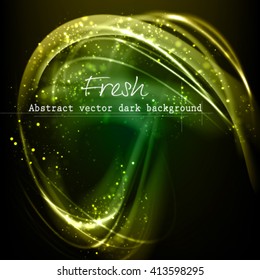 Abstract green vector background. Shining fresh frame with glowing filaments and golden dust