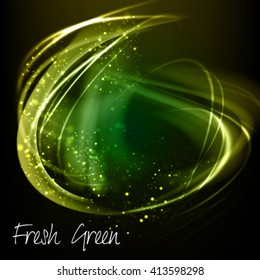 Abstract green vector background. Shining fresh frame with glowing filaments and golden dust