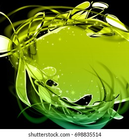 Abstract green vector background. Shining fresh frame with glowing filaments and petals.
