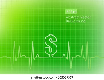 Abstract green vector graphic of ekg/cardiogram with dollar sign indicating financial cost of healthcare, insurance, surgery and other medical expenses.