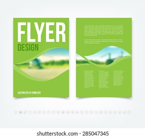 Abstract green vector modern flyer / brochure design template with blurred helicopters on the background