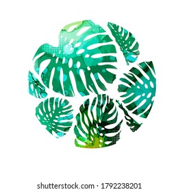 abstract green vector palm tree leaves. Monstera leaves. Logo. T-shirt print . Hello summer. Mixed media. Vector illustration