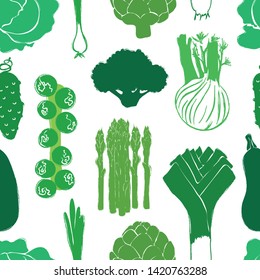 Abstract green veggies seamless pattern on a white background. Vegetables collection.