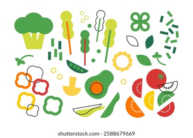 Abstract green veggies set. Minimal flat vector illustration with fresh vegetables, leaves. Salad. Greens icon set. Food background for poster, banner, bar menu, print. Go vegan. Healthy food concept