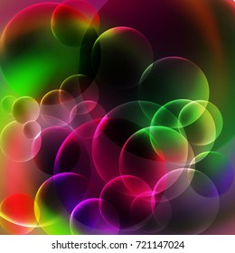 Abstract Green and Violet Bubbles Background. Shining overlaping transparent circles background.