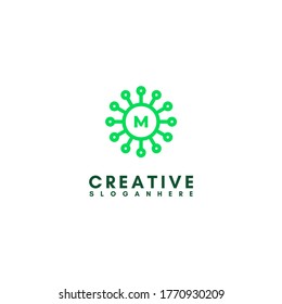 abstract green virus in circle shape M logotype design concept