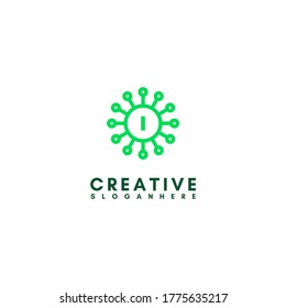 abstract green virus I logotype in circle shape design concept