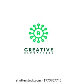 abstract green virus R logotype in circle shape design concept