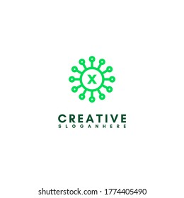 abstract green virus X logotype in circle shape design concept