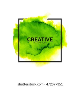 Abstract green watercolor background with square border, hand drawn virid watercolour stain, creative bright vector splash for design