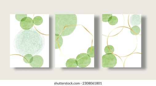 Abstract green watercolor polka dot background. Simple greeting card with floating watercolor bubbles, gold circle frame and space for text.