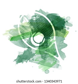 Abstract green watercolor splashes with tennis equipment silhouettes on white background - vector illustration