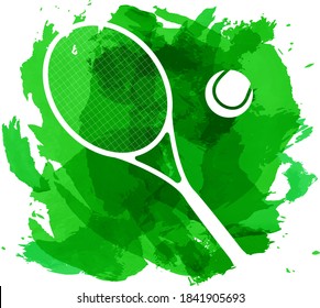 Abstract green watercolor splashes with tennis equipment silhouettes on white background - vector illustration