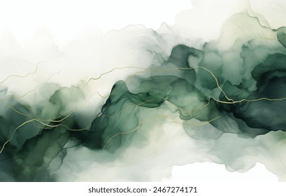 Fondo de Vector de acuarela verde Abstractas. Vibrante salpicadura de acuarela verde y dorada con una textura suave y fluida sobre un fondo blanco. Perfecto para proyectos creativos y fondos.