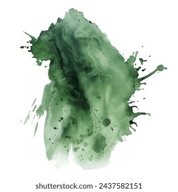 Abstract green watercolor water splash. Abstract earthy green stain. Isolated on a white background. Color splashing. Hand-drawn vector. Watercolor brush strokes.